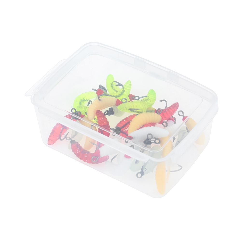 30pcs Luminous Soft Silicone Maggot Worm with Hooks Already Attached Artificial Bread Worm Fishing Hooks Lures