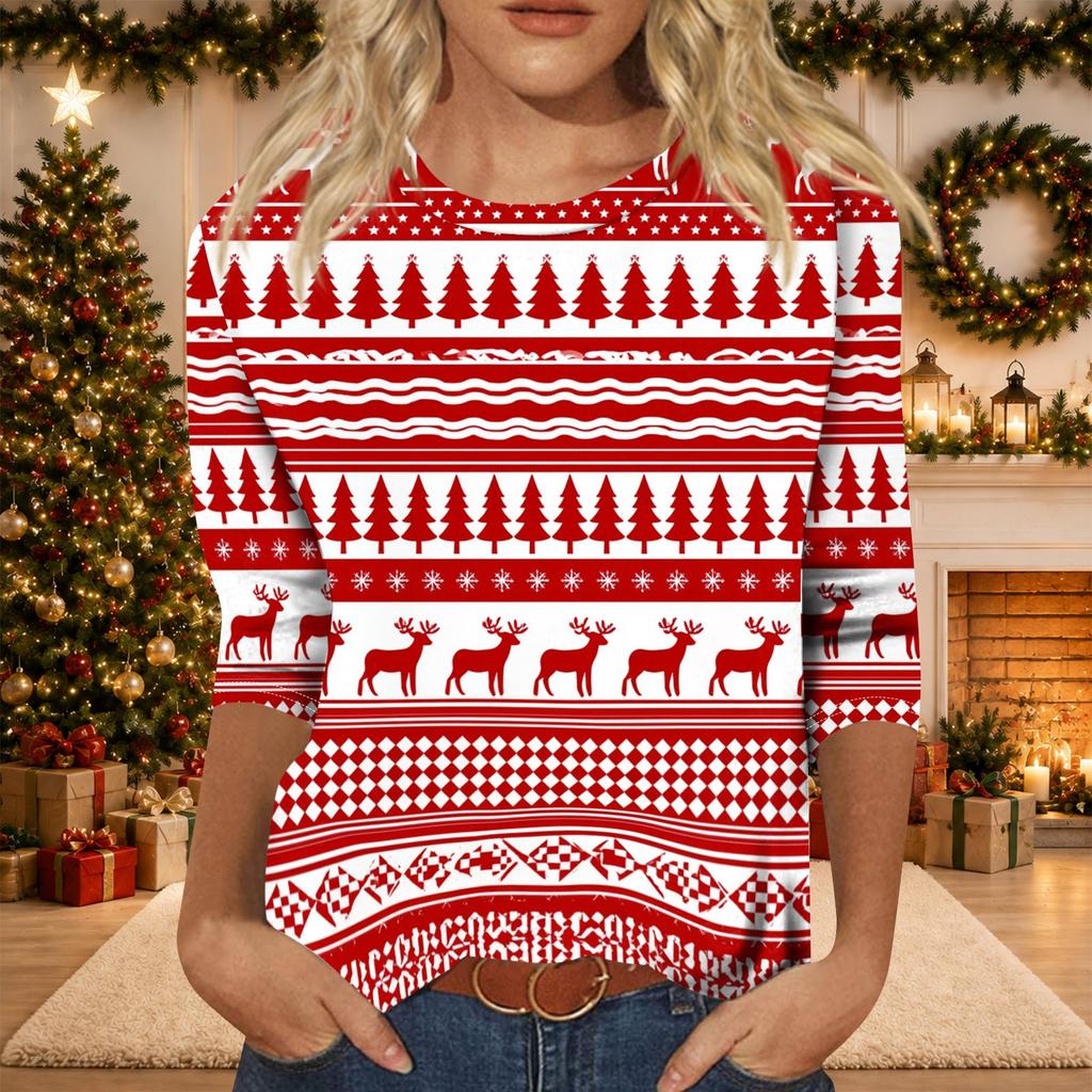 Women's Casual Christmas Print Three-Quarter Sleeve Neck Top