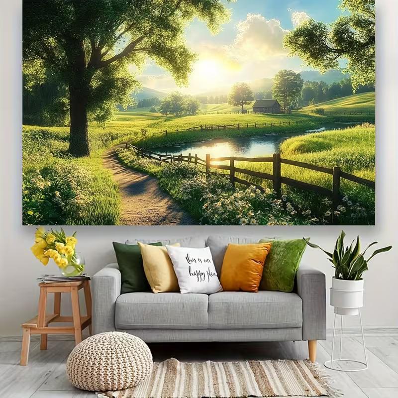 2D Sunrise Farm Backdrop Green Pastoral Landscape Photography Background