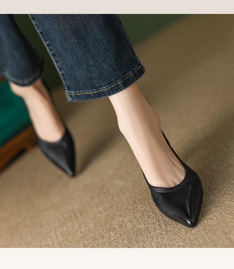 Pointed cat heel single shoes women's summer soft leather shallow mouth middle heel commuter professional work high heels spring and autumn 2025 new