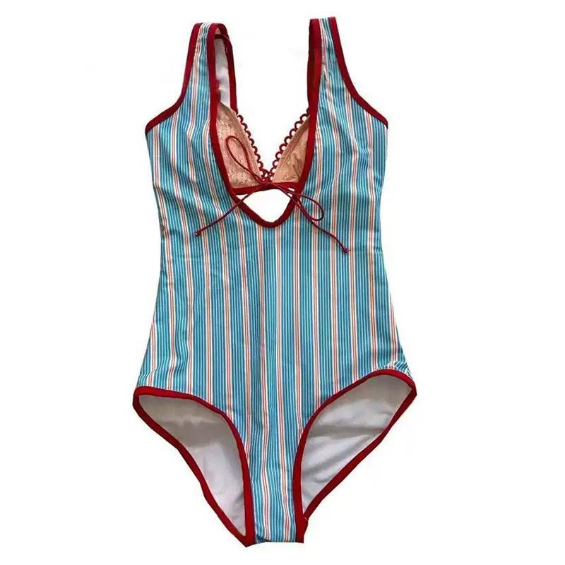 

Thai Small Fresh Solid Color Sexy One-piece Swimsuit Niche High-end Bow Stripe Split Vacation S