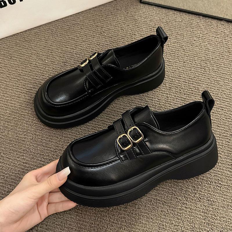Bi-metal Buckle Platform Loafers Women's 2025 New British Style Versatile Comfortable Casual Non-slip Wear-resistant Small Leather Shoes