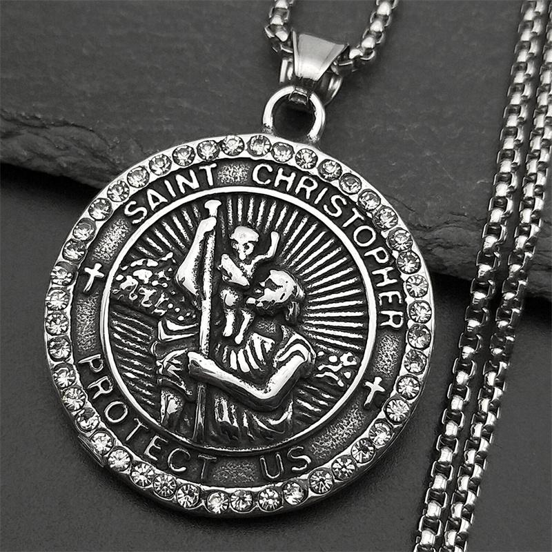 ST.Christopher Protect Us Medal Rhinestones Necklace Saint Christopher Stainless Steel Gold Color Christian Necklaces Jewelry