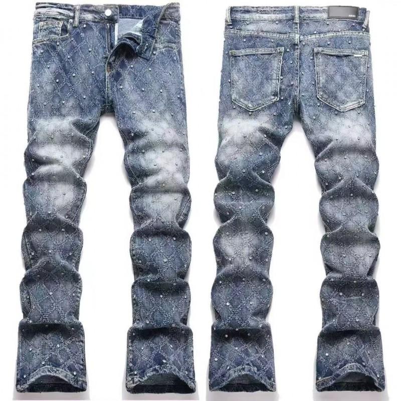 Mens Straight Fit Distressed Patchwork Denim Jeans Vintage Streetwear Style High Waist Ripped Cotton