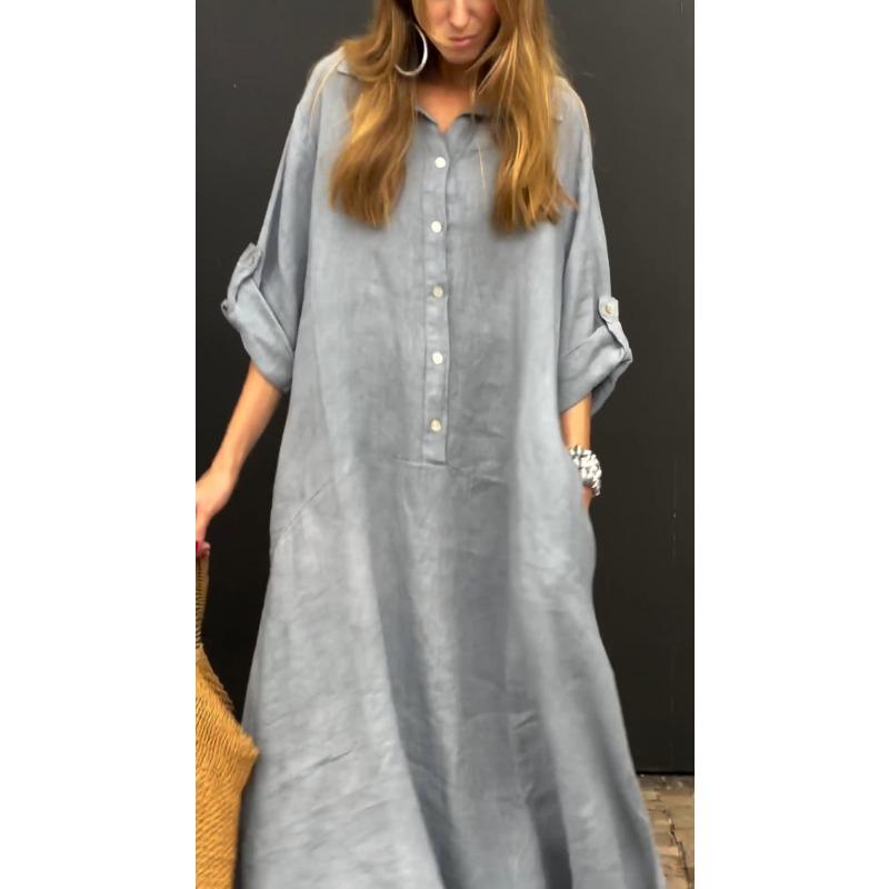 

VEZFAA Women s Fashion Spring Fall Solid Color Print 3/4 Sleeves POLO Neck Loose Waistline Casual Dresses XXXXXL