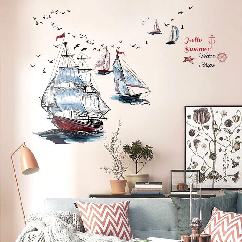Hand Drawn Sailboat Removable Wall Sticker Creative Nautical Decor for Bedroom Living Room TV Background Sofa Headboard Corner