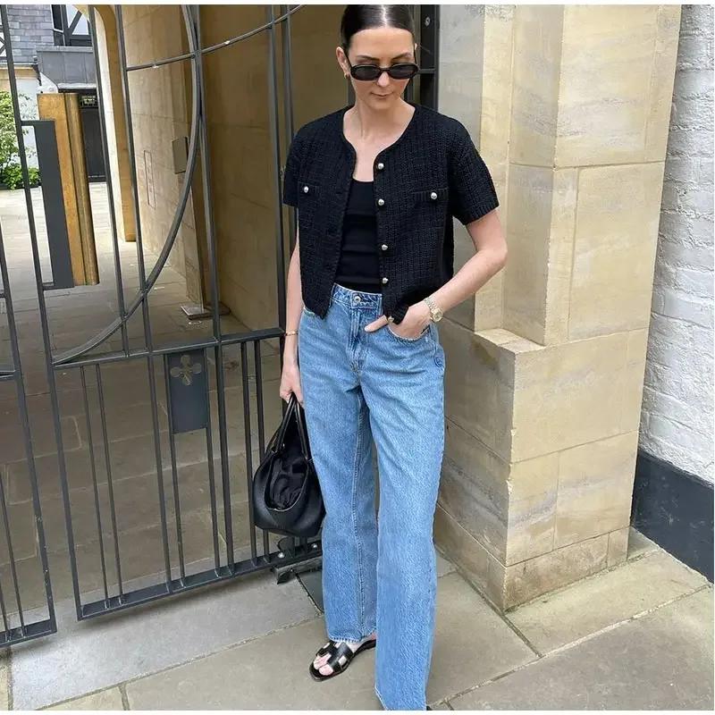 Elegant Knitted Tweed Cardigan Women Solid Single Breasted O-neck Short Sleeve Sweater Vest 2024 Autumn New Lady All-match Tops