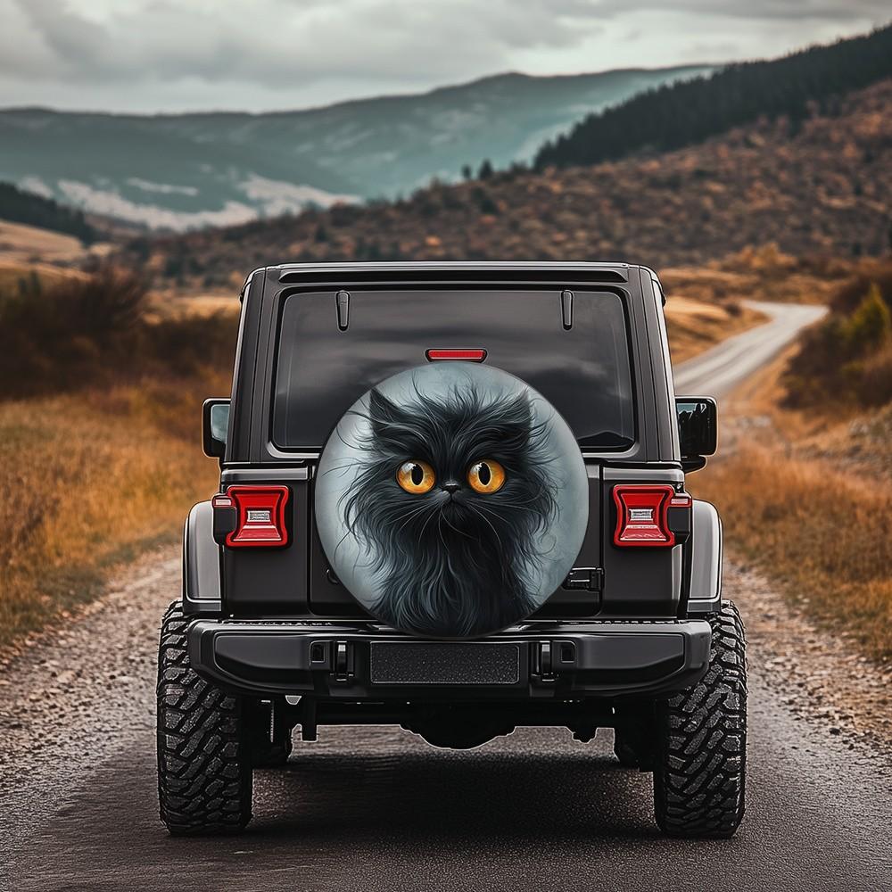 Big-Eyed Black Cat Spare Tire Cover Universal SUV Protection Custom Polyester Wheel