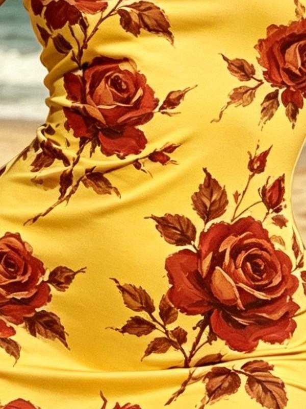 Retro Rose Floral Sleeveless Bodycon Mini Dress, Round Neck Slim Fit Casual Vacation Cover-Up