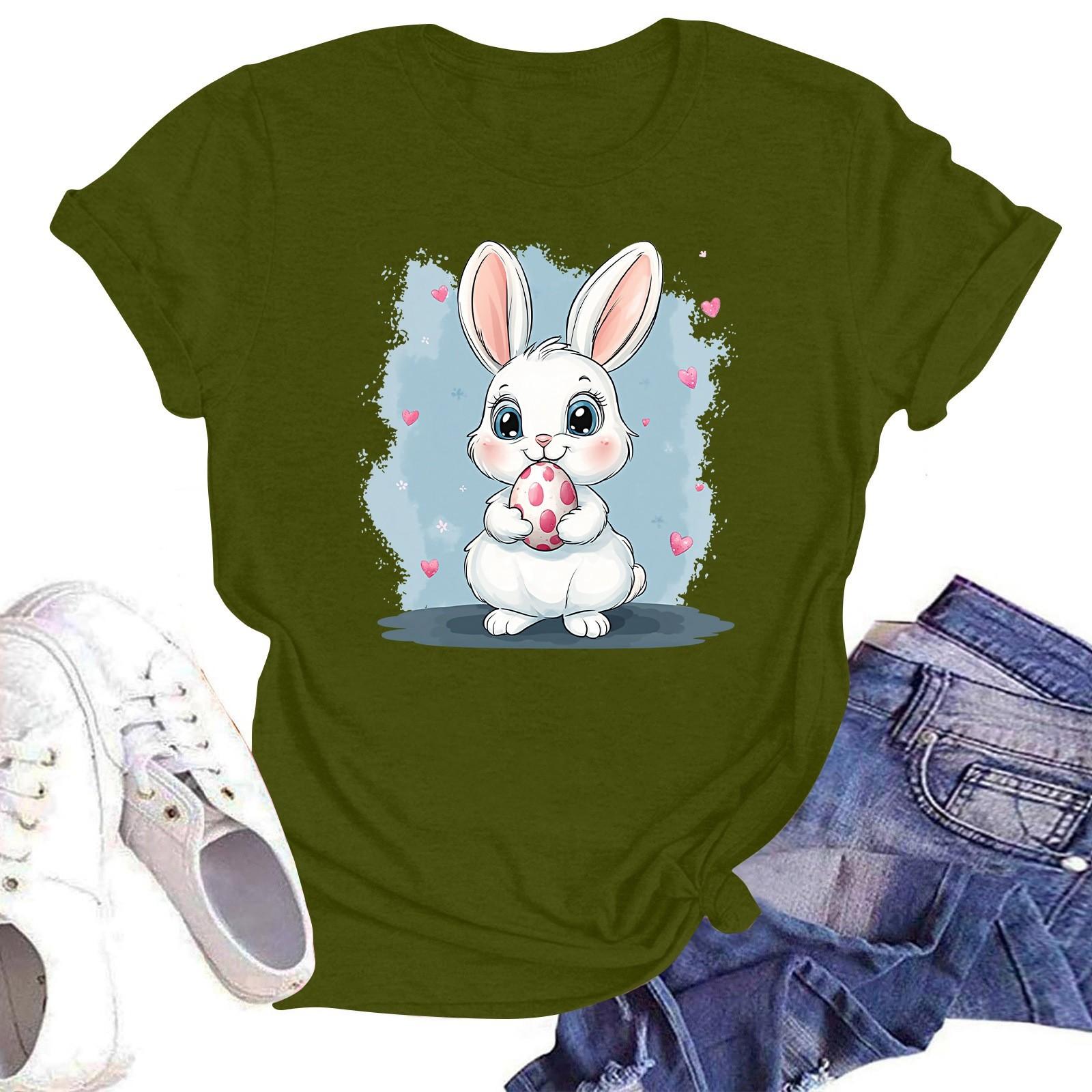 

Счастливой Пасхи женская мода принтованный круглый вырез короткий рукав футболка пуловер топ L армия зеленый