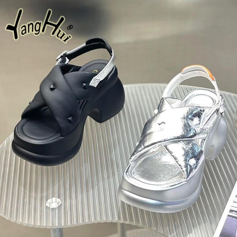 Color Matching Rivets Accessories Women's Sandals Comfortable 2024 Fashion Elevated Thick Bottom Anti-slip Silver Sandals Summer