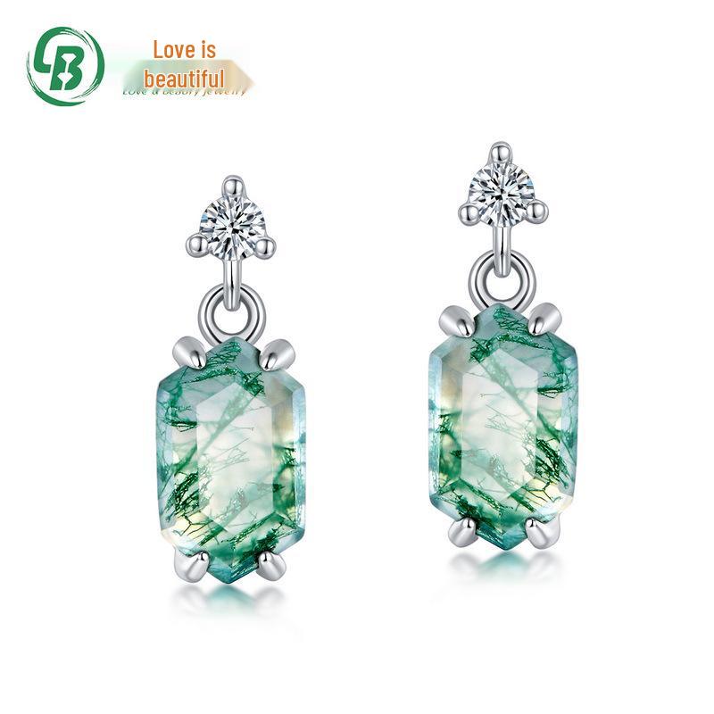 

S925 Silver Minimalist Moss Agate Stud Earrings – Green Claw Set Design 925 Silver