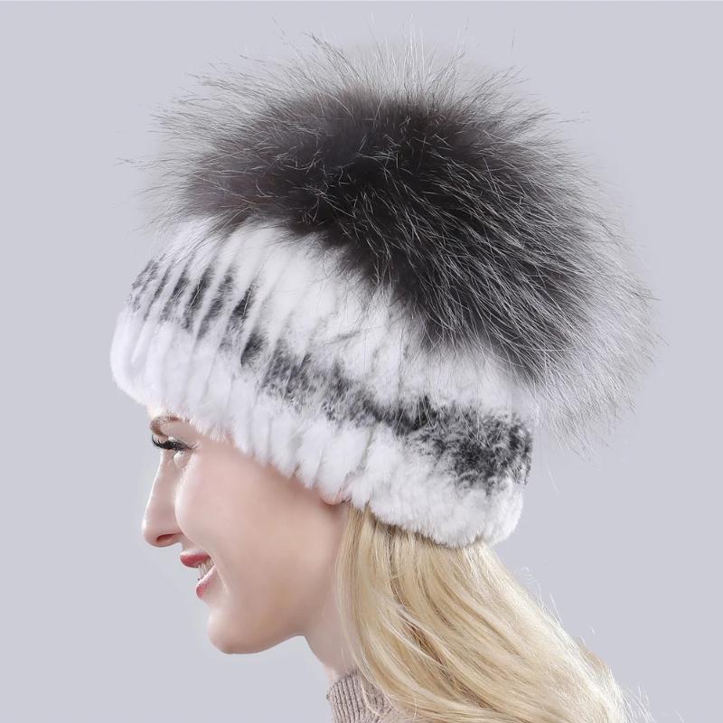 New Outdoor Good Elastic Natural Rex Rabbit Fur Hat Women Winter Knitted Real Sliver Fox Fur Cap Lady Real Fur Hats