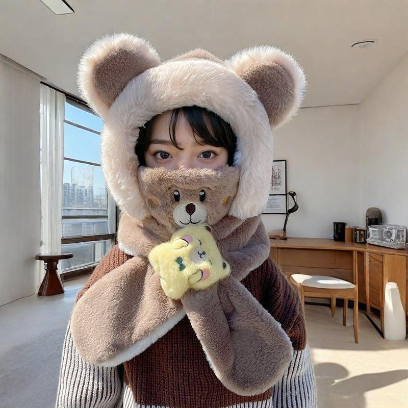 Baby Hat Winter Children's Scarf Integrated Cute Bear Ear Hat Autumn and Winter Warm Knitted Hat