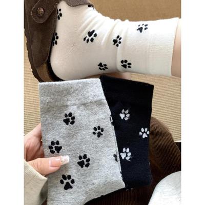 Chaussettes mignonnes à motif d'empreintes de pattes de chiot, chaussettes mi-mollet pour femmes, noir, blanc et gris, chaussettes en pur coton bouclettes