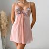 Women’s Pink Embroidered Cami Nightdress and Thong Set, Lightweight Breathable Sexy Summer Sleepwear