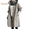 Women Windbreaker Hooded Button-down Loose Pure Color Coat Long Sleeves Knee Length with Pockets Tight Waist Windproof Lady Jacket