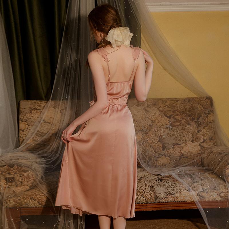 Lenjerie de corp de damă Toamnă Cămașă de noapte din satin și plasă cu cupă pentru piept Culoare uni Până la jumătatea gambei Set halat cu bretele