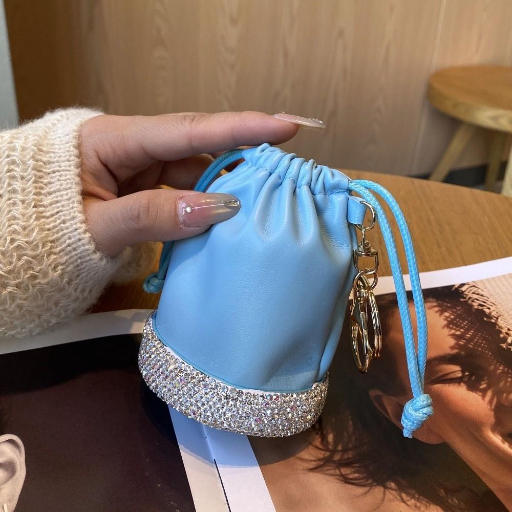 

Light Luxury Bucket Coin Purse Versatile Design Wax Rope Drawstring Mini Handbag Lipstick Bag with Keychain Earphone Storage Bag синій