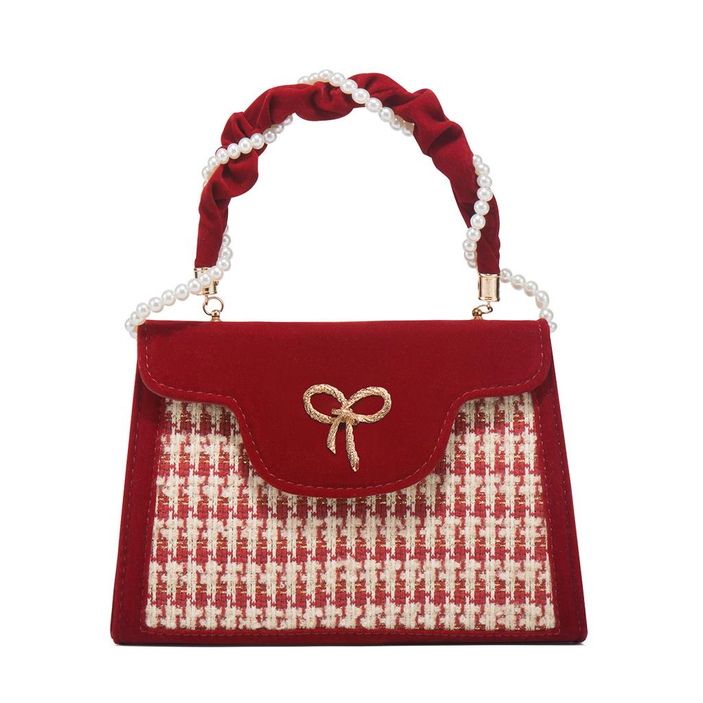 Wedding Bag 2024 New Model Red Bridal Bag Wedding High-End Houndstooth Pattern Single Shoulder Crossbody Handbag for Women