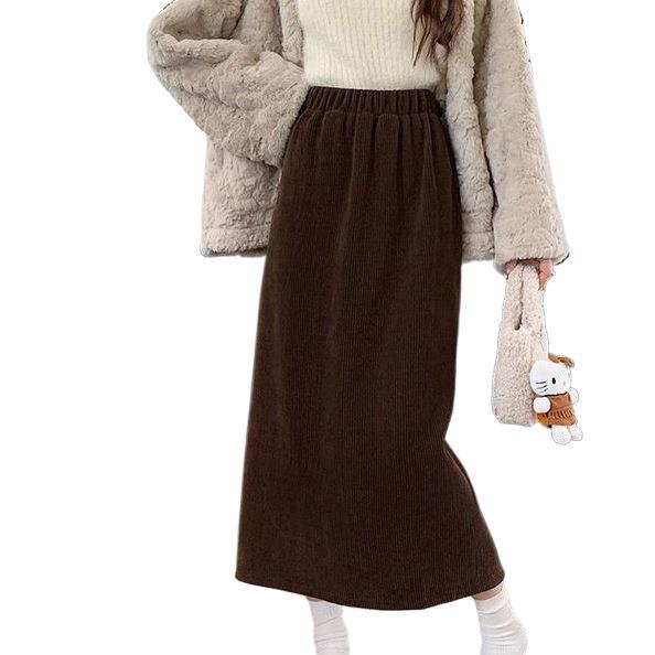 Women's Corduroy High-Waist Straight Midi Skirt - Celebrity Style Autumn/Winter Slim Fit