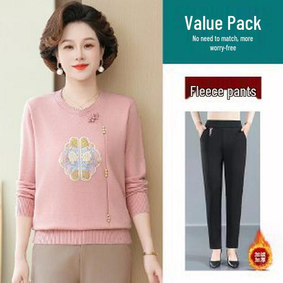 

Spring & Autumn Chinese-Style Long-Sleeve Knit Sweater for Middle-Aged & Elderly Women L розовый