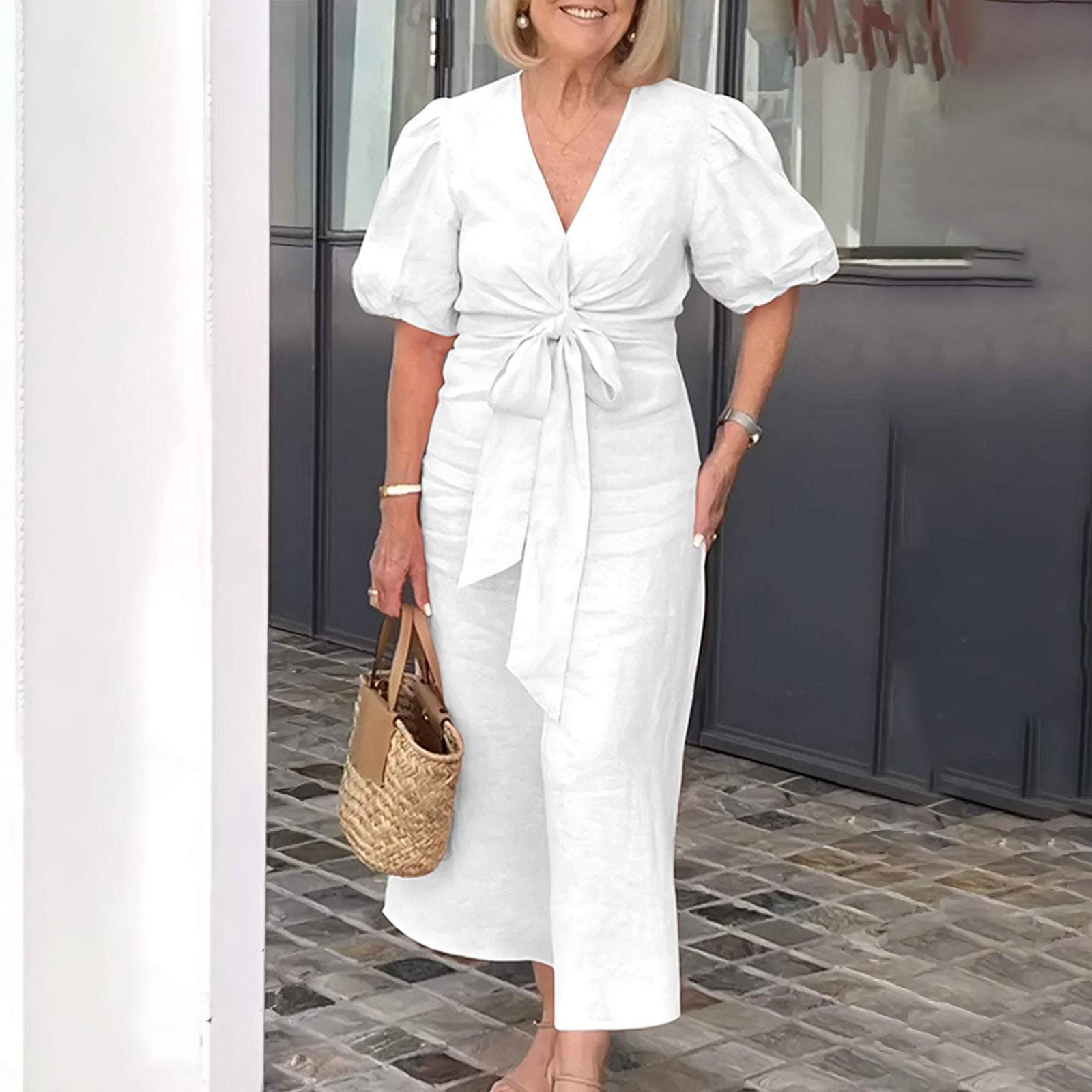 

Women s Fashionablecolor V-neck Lace Bubble Short Sleeved Casual Long Dress XL жовтий