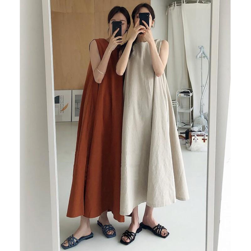 Johnature A-line Dresses Loose Korean Casual Solid Color Sleeveless Round Neck Dresses Women