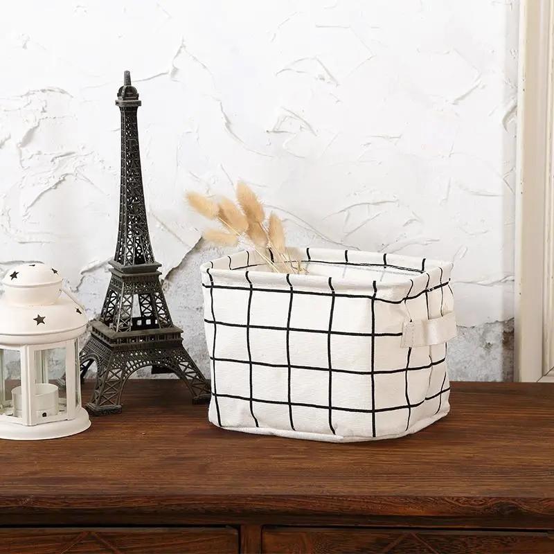 Simple Style Rectangular Desktop Storage Box Grid Stripe Printing Pattern Storage Box With Handle Waterproof Fabric Storage Box