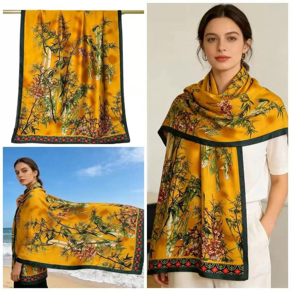 Classic versatile silk scarf women's spring and autumn summer thin mulberry silk scarf long beige plaid shawl dual-purpose