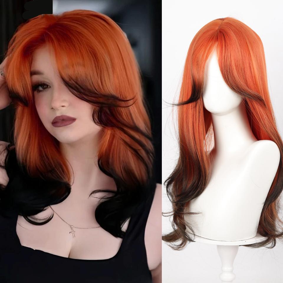 Synthetic Red Ombre Black Color Lolita Long Straight Wigs With Bangs Daily Party Cosplay Wig For Women