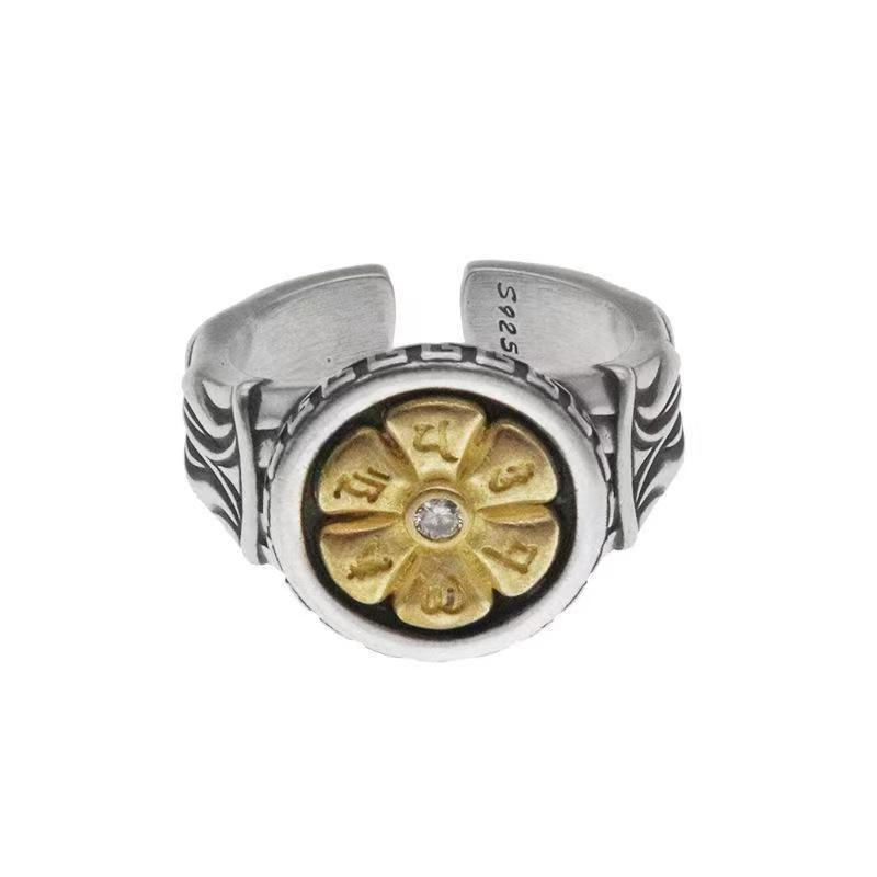 Adjustable Open Ring Men Women Vintage Sunflower Design Six Words Mantra Geometric Statement