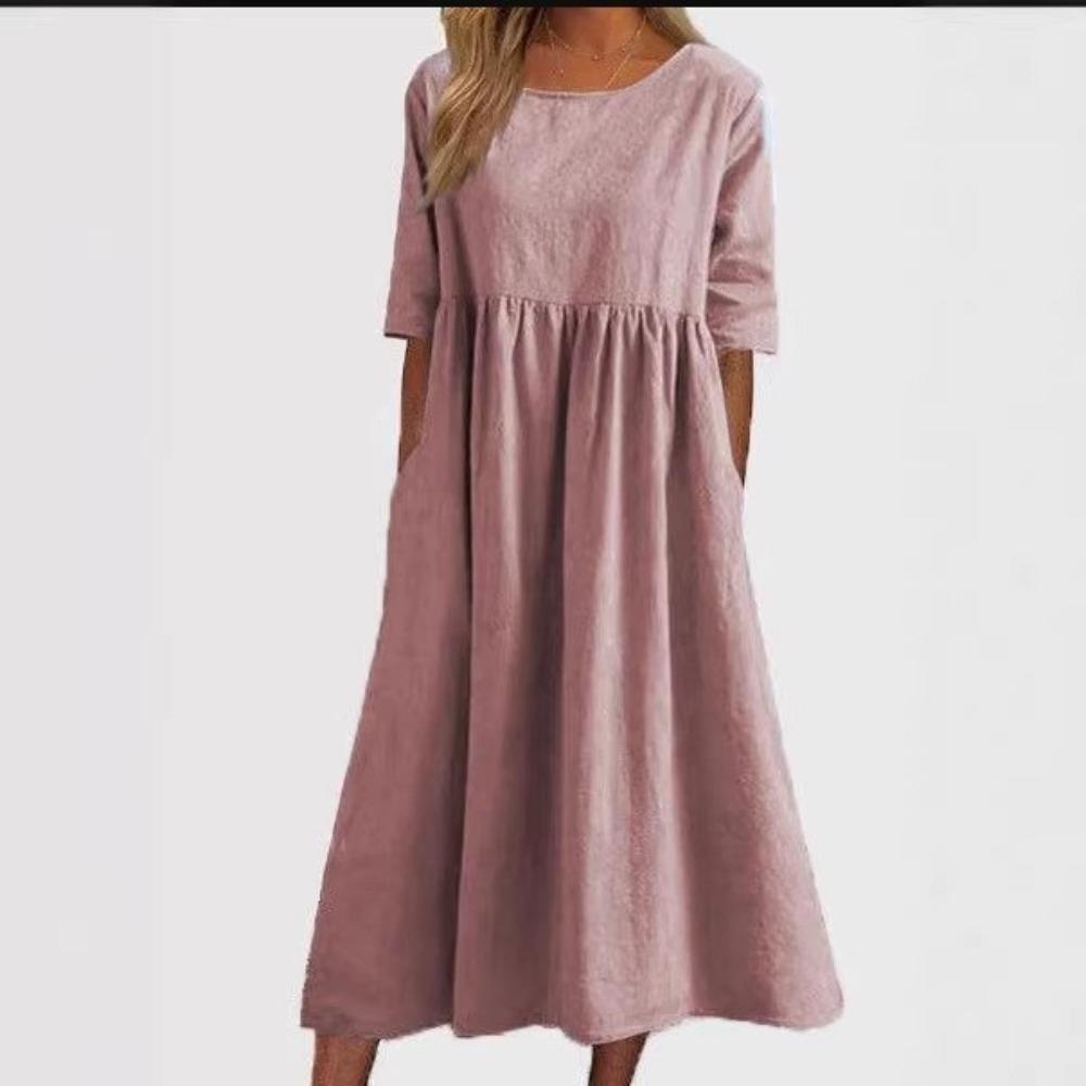 Summer Cotton and Linen Casual Short-sleeved Pleated Loose Round-neck Women's Dress