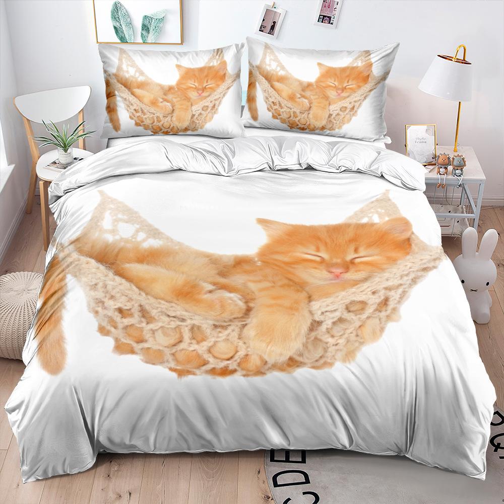 3D Animal Bedding Set Cat Down Duvet Cover Pillowcase 2/3pc Soft Quick Drying Home Textile Single Double Bed All Sizes