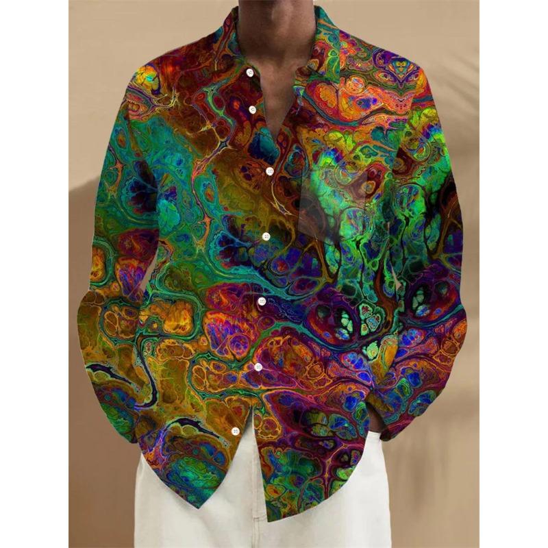Modisches Block-Spleißmuster 3D-Druck Herren Langarmhemden Kunsthemd Herbst Lässig Einreiher Bluse Herrenbekleidung 3XL black