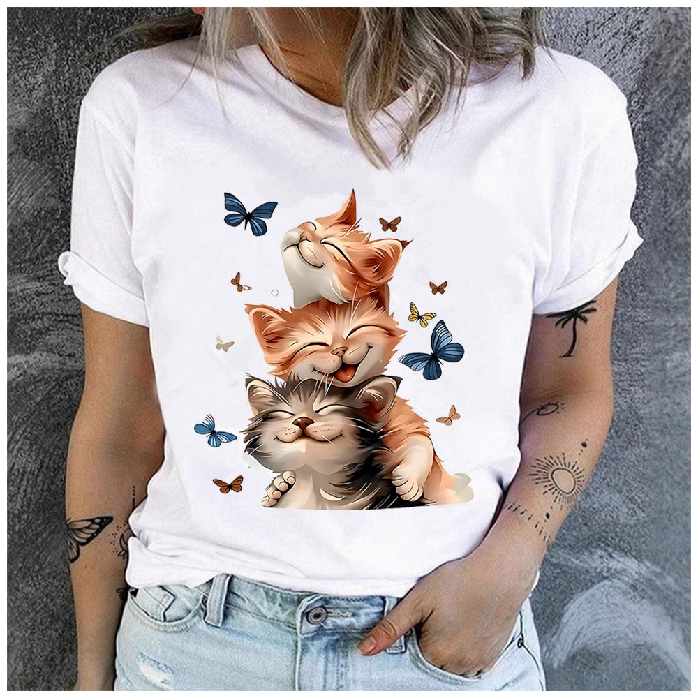 Unisex Womens Cotton Cat and the Butterfly Print Tshirt Loose Round Neck Casual Short Sleeve Fashion Top Clothing Summer