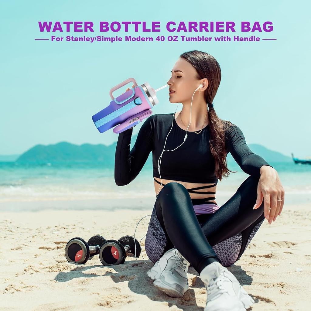 Water Bottle Carrier Bag with Phone Pocket for Stanley 40 & 30 Oz Tumbler with Handle,Pink Insulated Neoprene Cup Holder Pouch