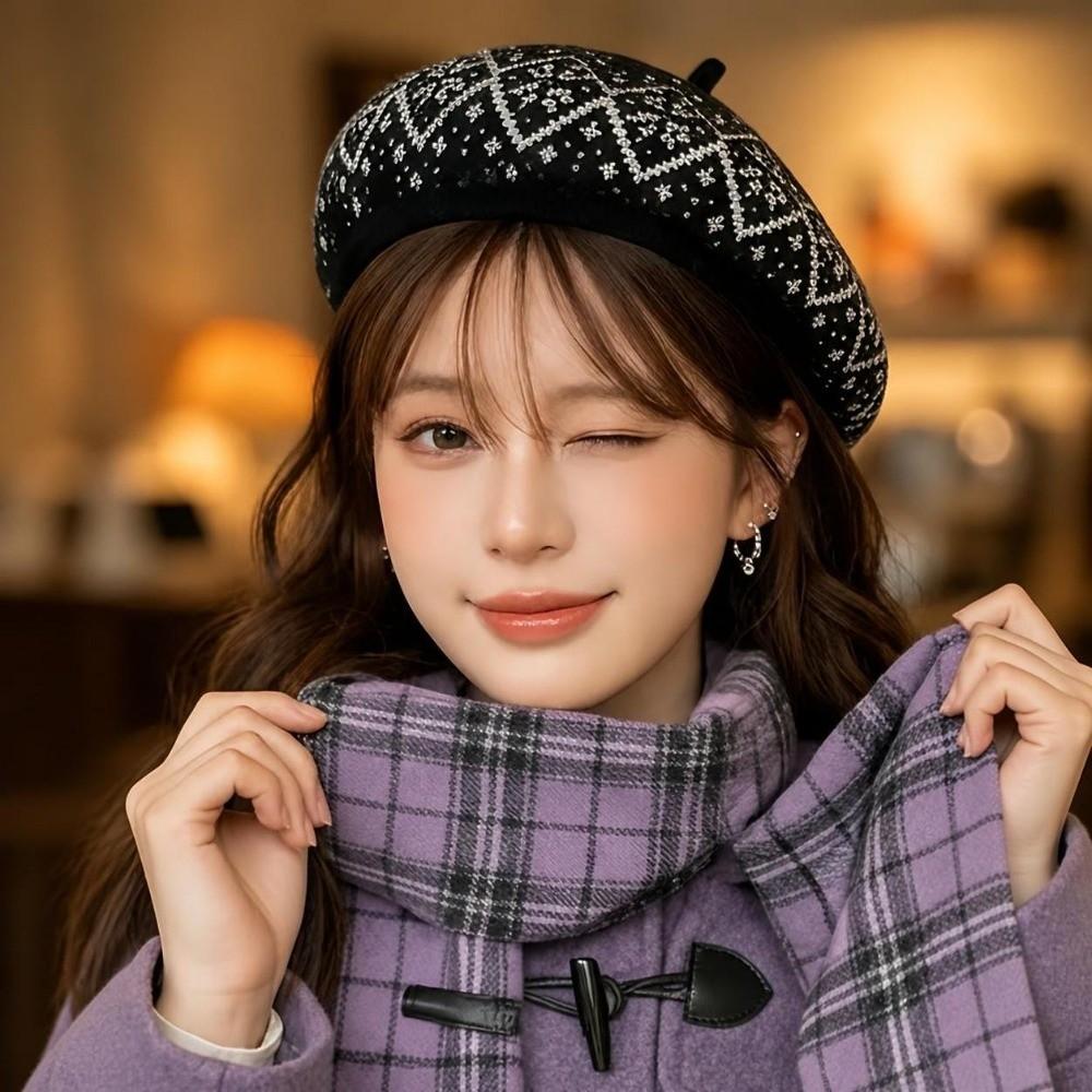 Keep Warm Beret Hat Retro Pattern Kintted Hat Retro Fashion Hat Autumn