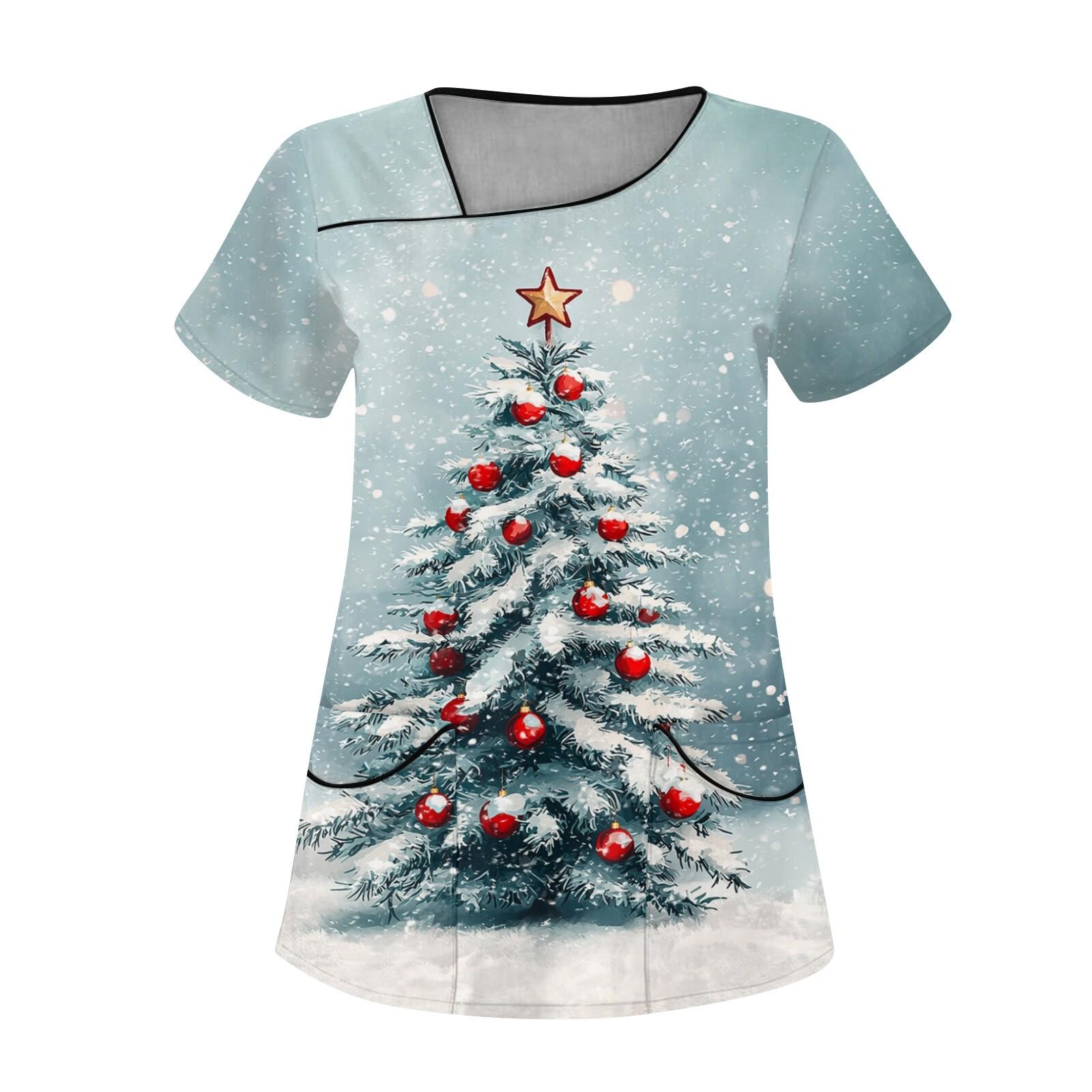 

Женская рабочая одежда с рождественским принтом, покатый воротник и двухслойные карманы, базовый пуловер сверху XXXL небесно-голубой