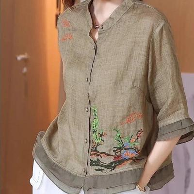 T-shirt Etnica Ricamata Retro Estiva da Donna Blusa Larga con Collo Rialzato Temperamento Letterario