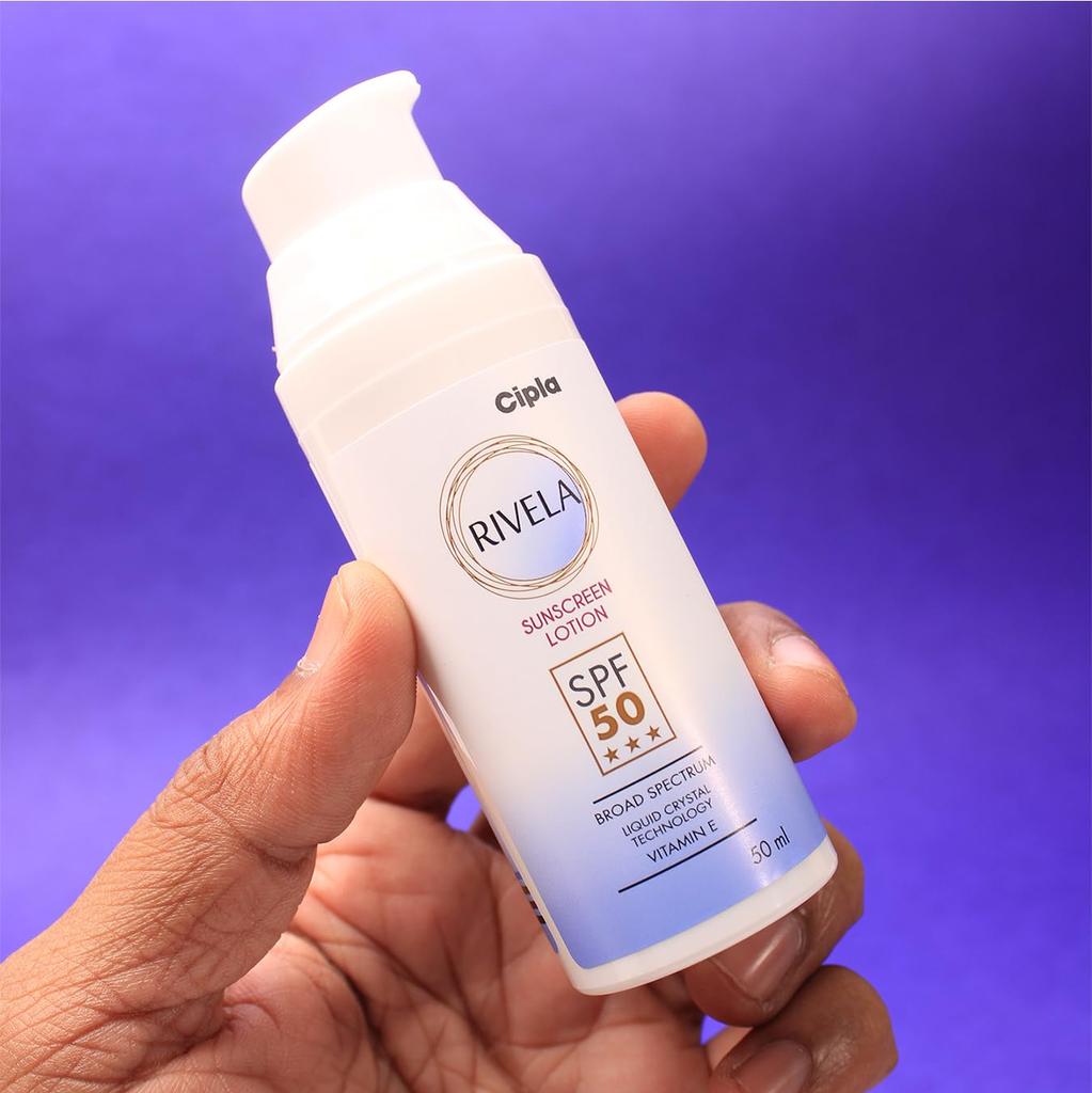 Cipla Rivela Sunscreen SPF 50 Lotion 50 Ml Broad-Spectrum UVA UVB Sun Protection Hydrating