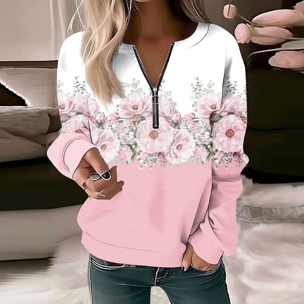 Women Sweatshirt Pullover Basic Quarter Zipper Long Sleeve Print Flowers Hoodie Casual Top