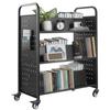 Rollender Büchereiwagen, 150 kg Tragfähigkeit, 97 x 51,5 x 122,5 cm Bibliothekskarren, Doppelseitige W-förmige Regale mit 76,2 mm Feststellbaren Rädern