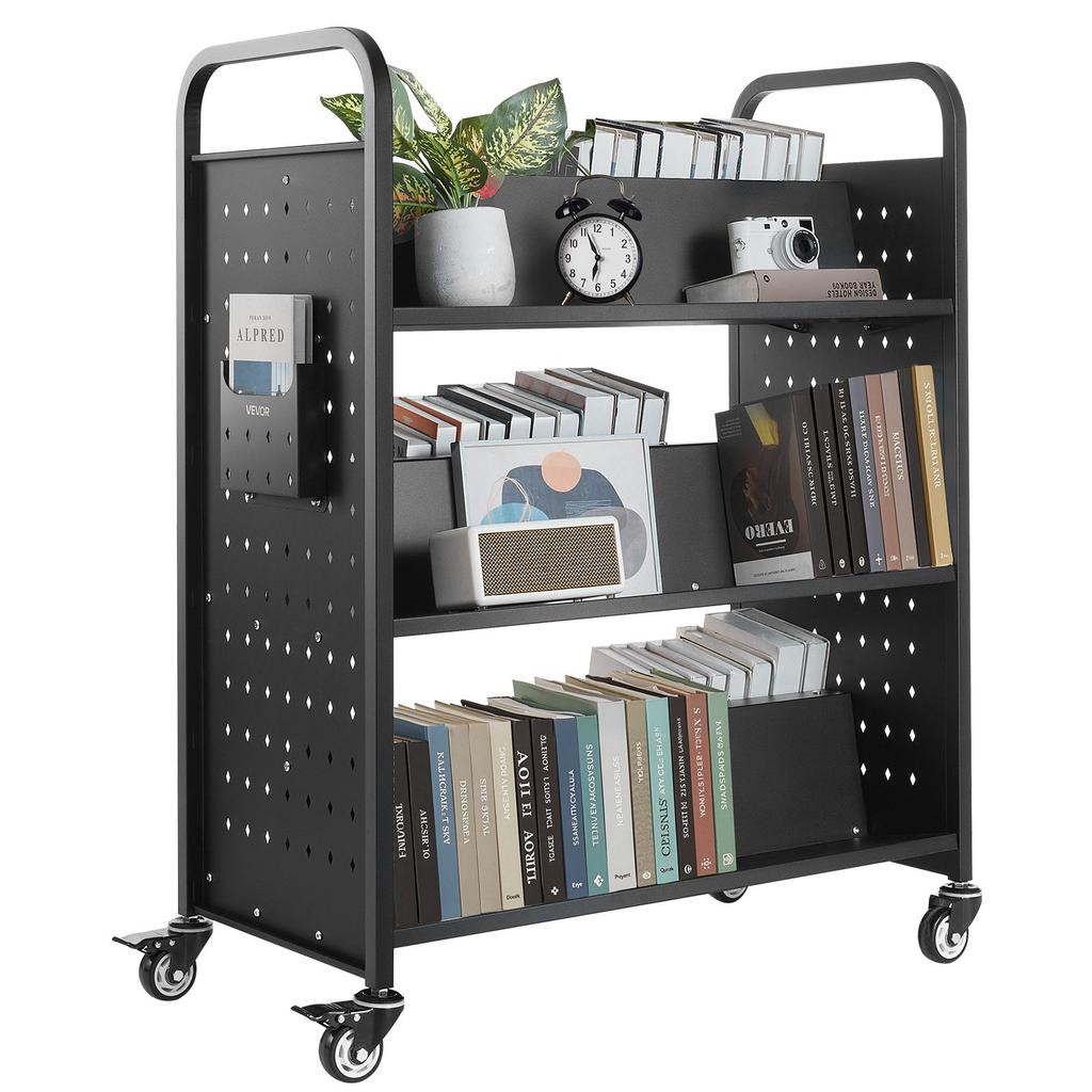 VEVOR Rolling Library Book Cart, 150 kg Capacity, 97 x 51.5 x 122.5 cm Library Cart, Double Sided W-Shaped Shelves with 76.2 mm Lockable Wheels