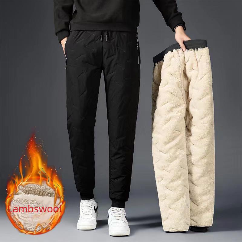 Men's Winter Plush Lined Sweatpants - Warm, Thickened Cotton-Lambskin Leggings for Outdoor Use, Available In Large Sizes