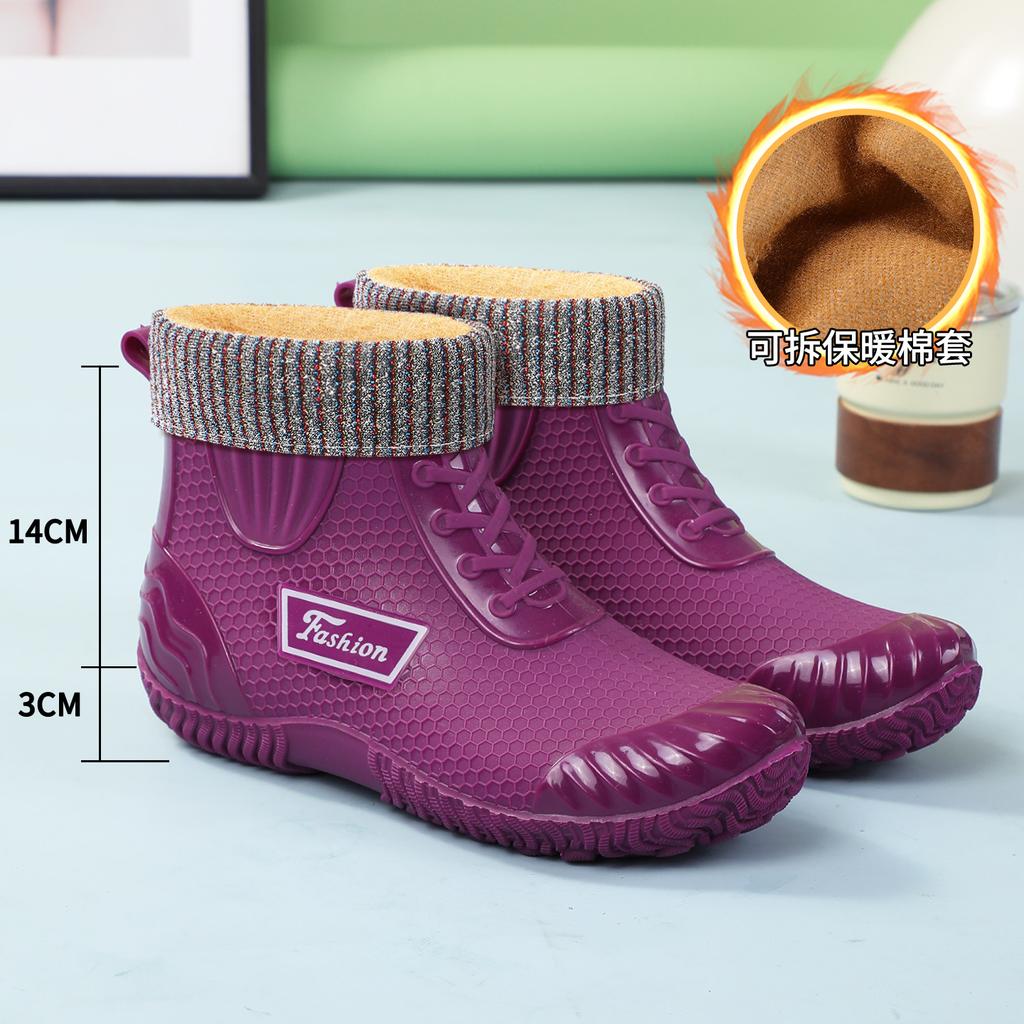 Rain shoes women's adult short tube velvet fashion rain boots warm waterproof boots non-slip thick sole wear-resistant outdoor work shoes