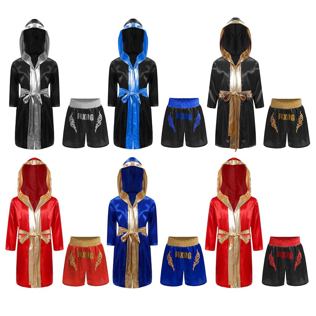 Boys Boxing Costume Satin Hooded Robe Long Sleeve Open Front Shiny Letter Printed Boxer Shorts Belt