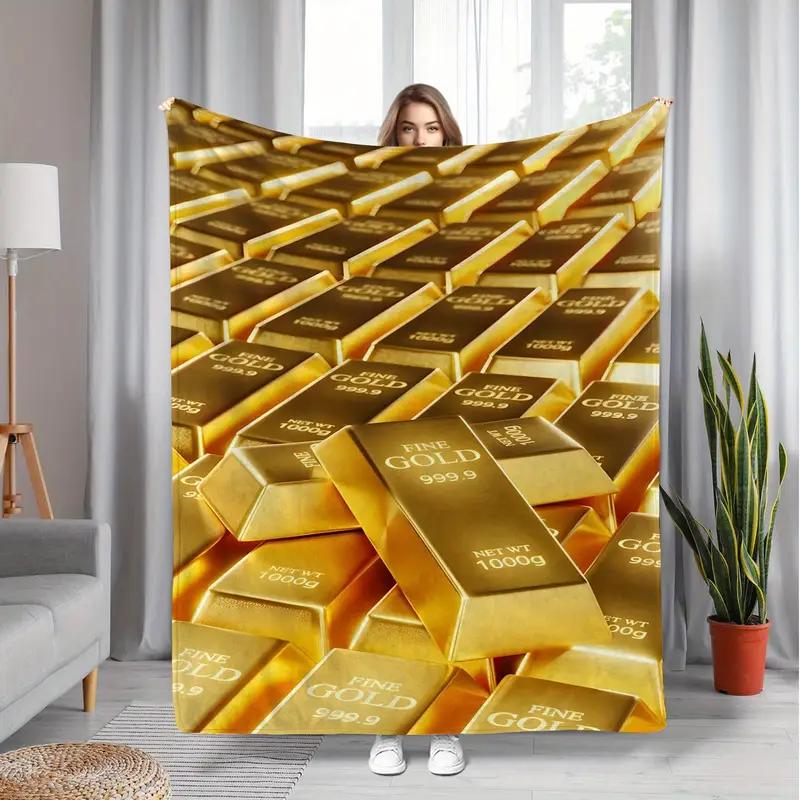 

Luxury Gold Bar Print Flannel Blanket Warm and Comfortable Perfect for Bed Home Camping Sofa Halloween and Christmas 75x100cm