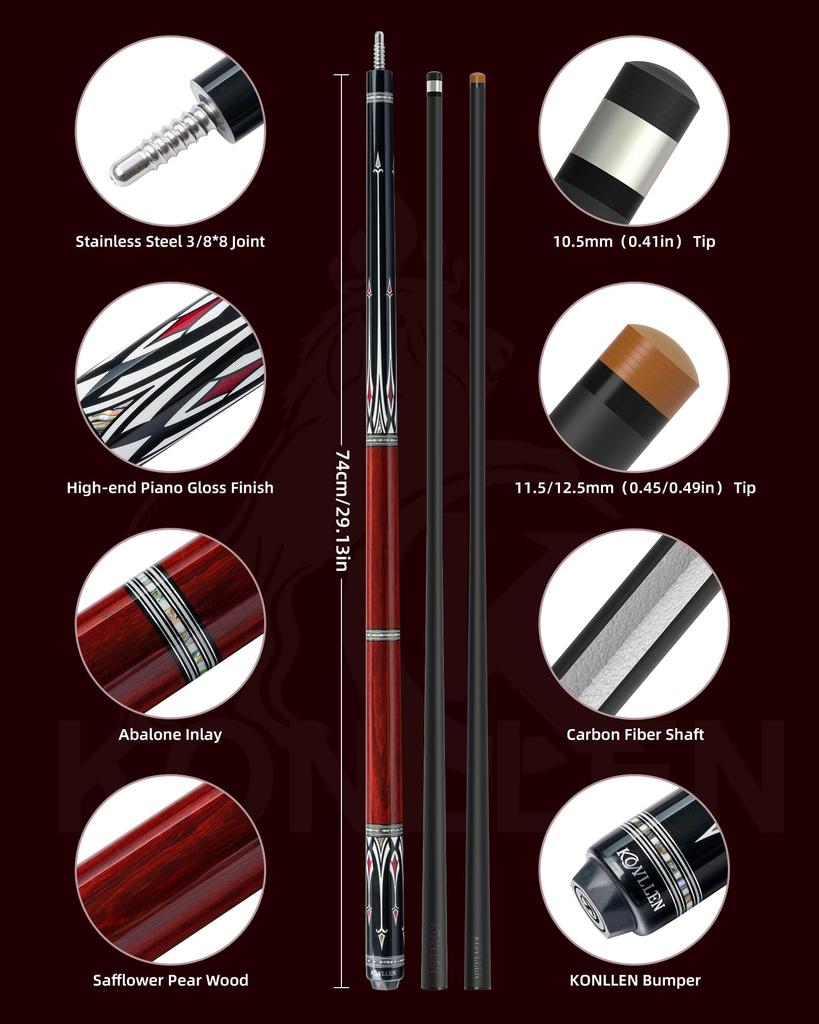 KONLLEN Carbon Fiber Pool Low Hand Professional Adult Pool Cue Cue, 147cm, 12.5mm, Deflection, Inlay, Ultra-Smooth Feel,