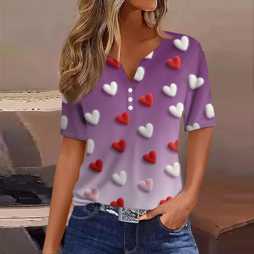 Women's Fashion Casual V,Neck Short,Sleeve T,Shirt With Decorative Buttons And Valentine's Day Print Top